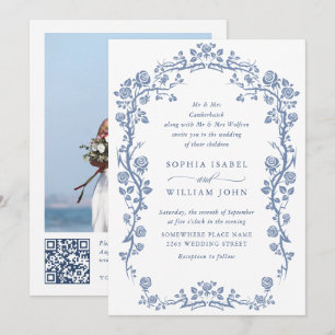 Invitation Elégant Baroque Bleu Jardin Français Floral Mariag