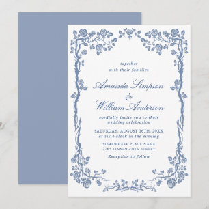 Invitation Elégant Baroque Bleu Jardin Français Floral Mariag