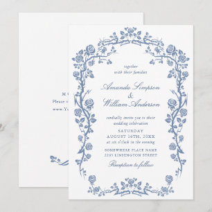 Invitation Elégant Baroque Bleu Jardin Français Floral Mariag