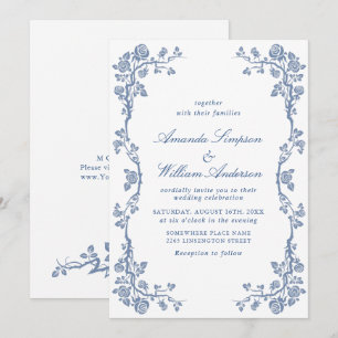Invitation Elégant Baroque Bleu Jardin Français Floral Mariag