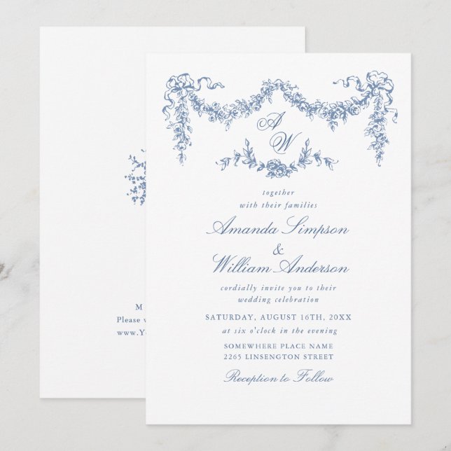 Invitation Elégant Baroque Bleu Jardin Français Floral Mariag (Devant / Derrière)