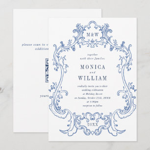 Invitation Elégant Baroque Dusty Blue Frame Mariage QR code