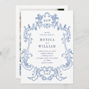Invitation Elégant Baroque Dusty Blue Frame Photo Mariage