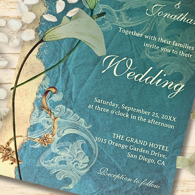 Invitation Elégant baroque Turquoise avec Mariage Calla Lilie (Créateur téléchargé)
