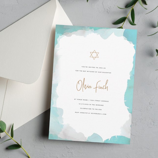 Invitation Elégant Bat mitzvah aquarelle (Créateur téléchargé)