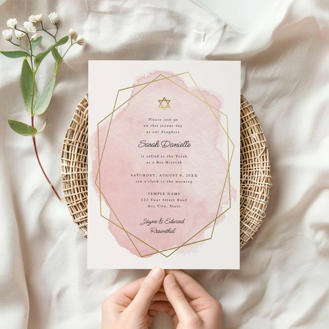 Invitation Elégant Bat mitzvah Gold Star Rose Aquarelle (Créateur téléchargé)