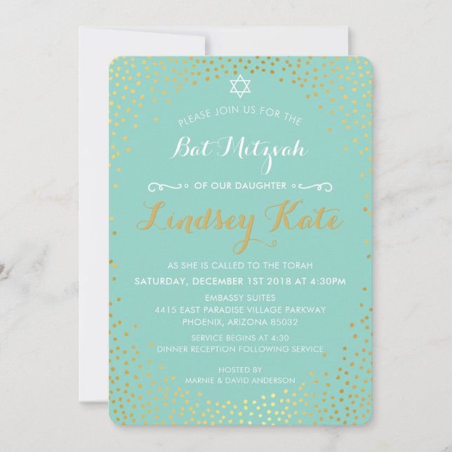 Invitation ÉLÉGANT BAT MITZVAH mini rustique confetti menthe  (Devant)