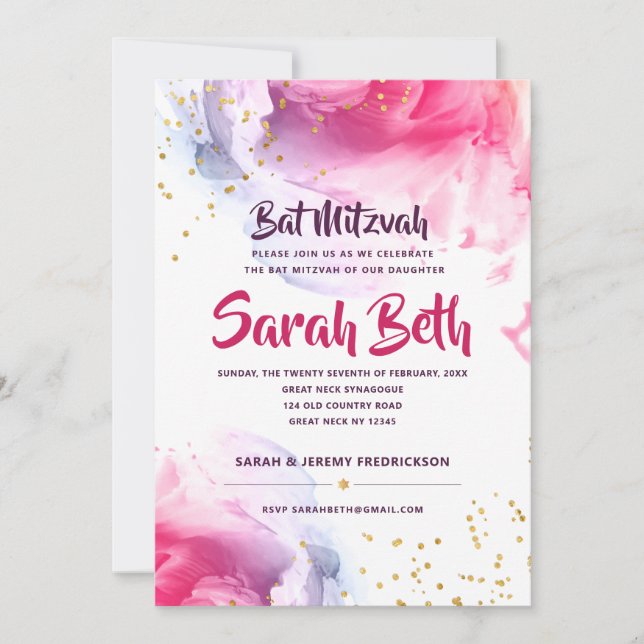 Invitation Elégant Bat mitzvah Parties scintillant aquarelle  (Devant)