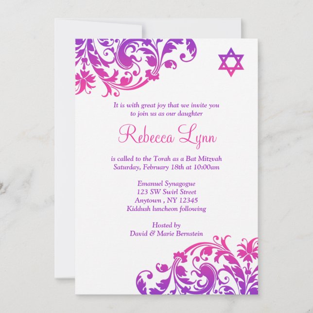 Invitation Élégant Bat mitzvah rose pourpre (Devant)