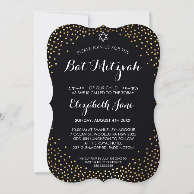 Invitation ÉLÉGANT BAT MITZVAH rustique confetti d'or noir (Devant)