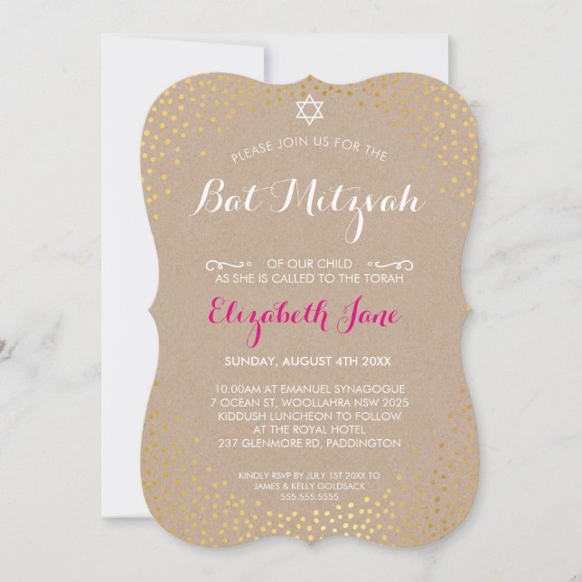Invitation ELEGANT BAT MITZVAH rustique confetti kraft en or (Devant)