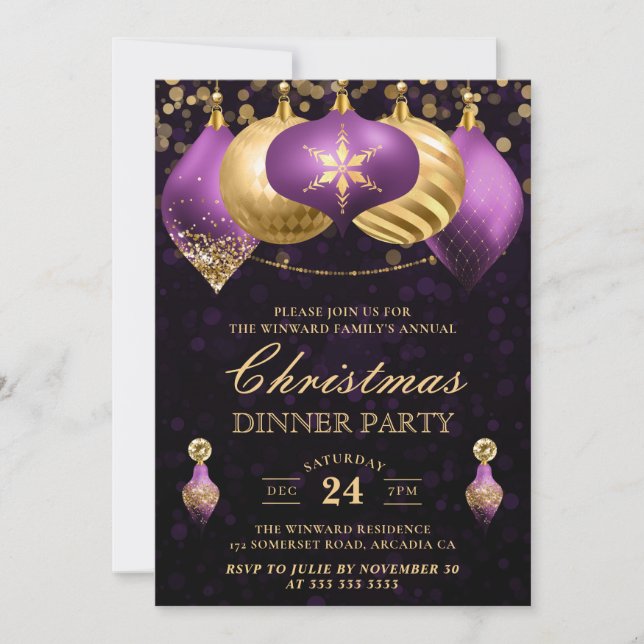 Invitation Élégant Baubles de violet et d'or Dîner de Noël (Devant)