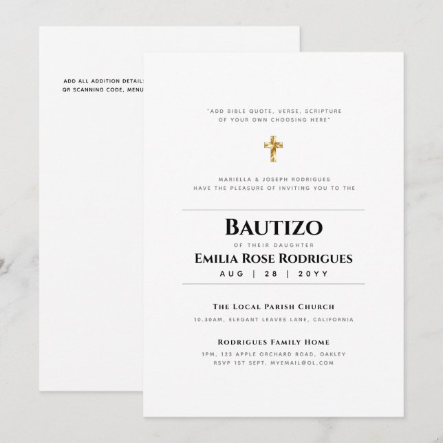 Invitation Élégant BAUTIZO Bautismo moderne - AJOUTER VERSE (Devant / Derrière)