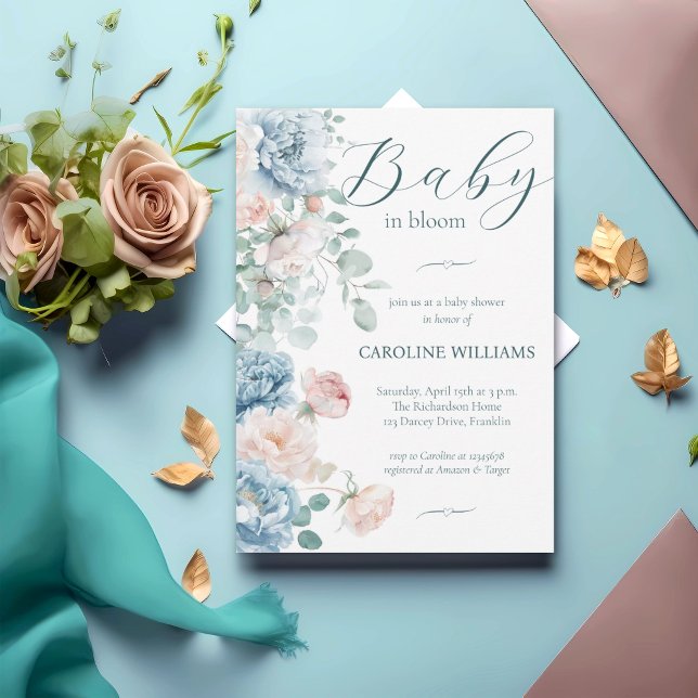 Invitation Elégant Bébé bleu Dusty dans Baby shower Fille Fle (Créateur téléchargé)