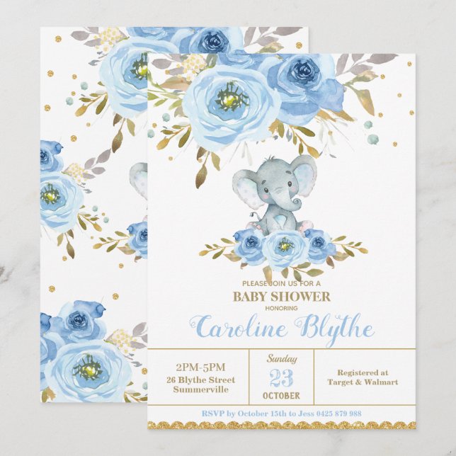 Invitation Elégant bébé bleu Floral Elephant Baby shower garç (Devant / Derrière)
