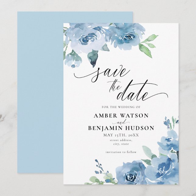 Invitation Élégant Bébé Lumière Bleue Bohème Floral Save The  (Devant / Derrière)