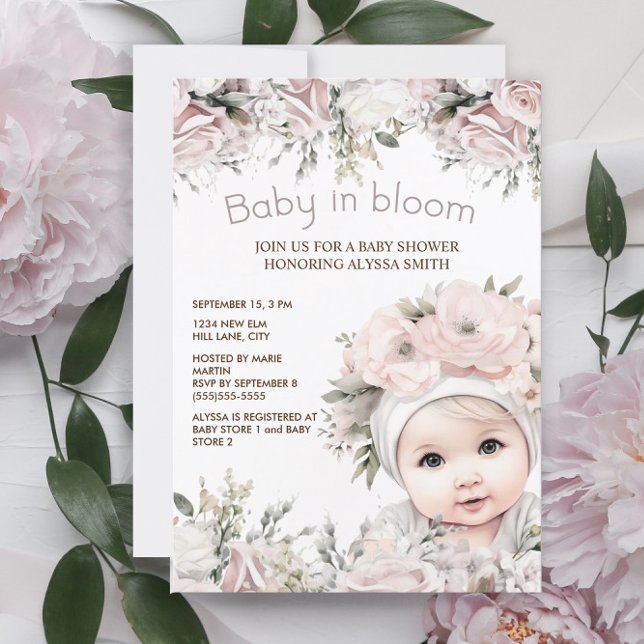 Invitation Élégant bébé rose en fleur Baby shower fille (Créateur téléchargé)