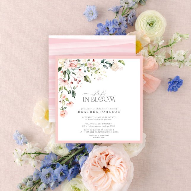 Invitation Élégant bébé rose en fleur Script Baby shower fill (Créateur téléchargé)