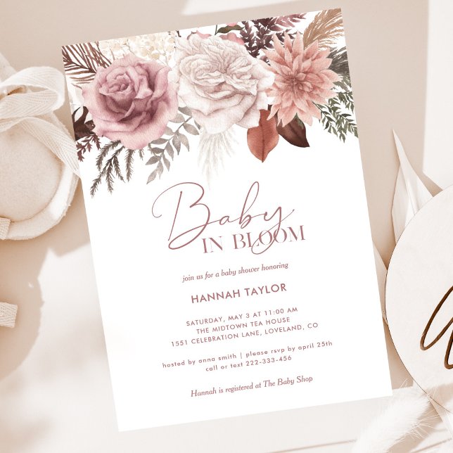 Invitation Élégant bébé rose en fleur Script Baby shower fill (Créateur téléchargé)