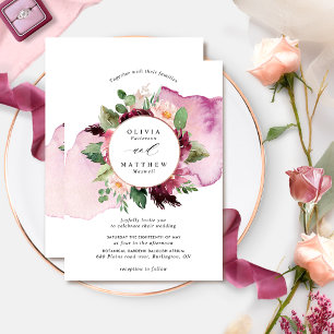 Invitation Élégant Berry Blush et Mariage floral Bourgogne en