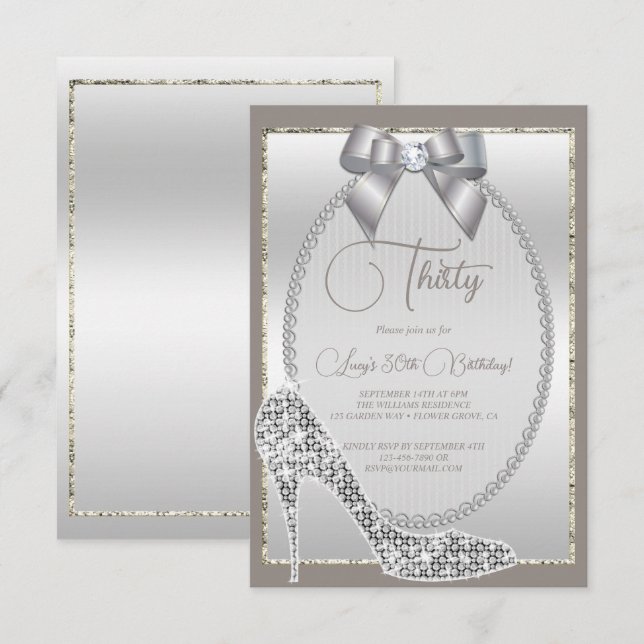 Invitation Elégant bijou d'argent Bow & Stiletto Anniversaire (Devant / Derrière)
