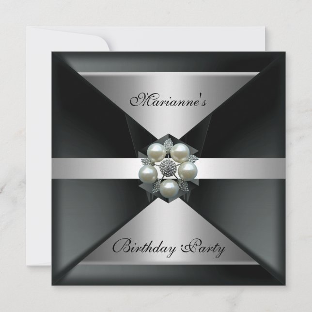 Invitation Elégant bijou perle Anniversaire Argent et blanc (Devant)