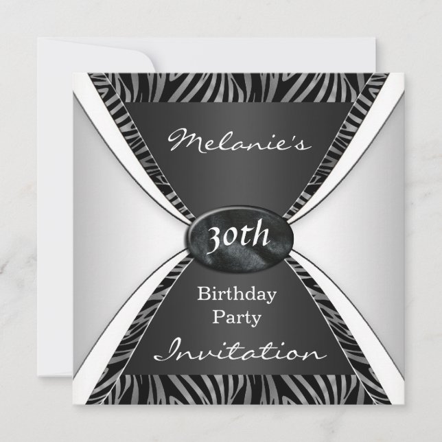 Invitation Elegant Birthday 30th Zebra black White (Front)