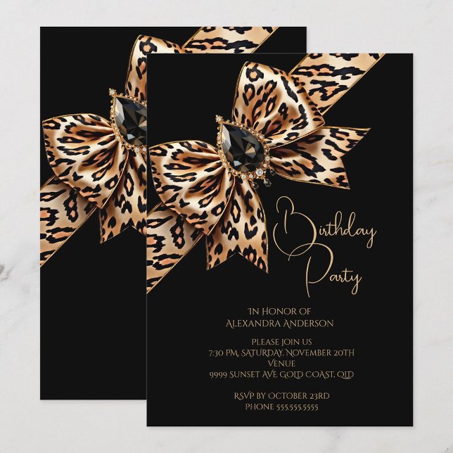 Invitation Elegant Birthday Black Gold Leopard Animal Bow (Créateur téléchargé)