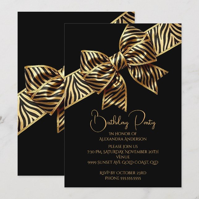Invitation Elegant Birthday Black Gold Wild Zebra Stripe Bow (Créateur téléchargé)