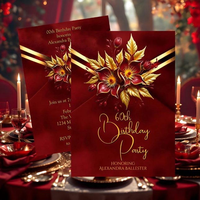 Invitation Elegant Birthday Party Red Floral Faux Velvet Gold (Créateur téléchargé)
