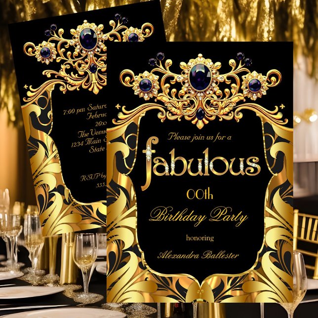 Invitation Elegant Birthday Party Silk Gold Black Damask Gems (Créateur téléchargé)