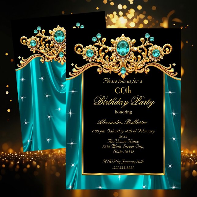 Invitation Elegant Birthday Party Teal Blue Silk Gold Gems (Créateur téléchargé)