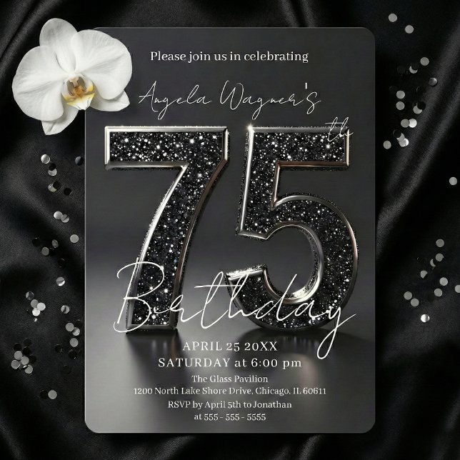 Invitation Elegant Black 3D Glitter Sparkle 75th Birthday (Créateur téléchargé)