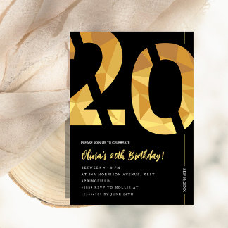Invitation Elegant black and gold 20th Birthday Party