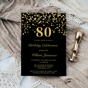 Invitation Elégant Black and Gold 80e anniversaire