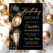 Elegant Black and Gold Balloons Birthday Dinner