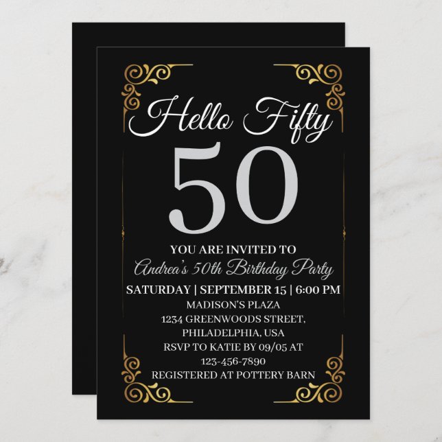 Invitation Elegant Black and Gold Hello 50th For Women  (Devant / Derrière)