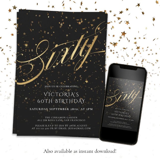 Invitation Elégant Black and Gold Soixante-dixième anniversai (Créateur téléchargé)