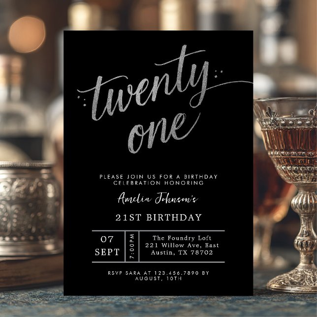 Invitation Elegant Black and Silver Twenty One 21st Birthday (Twenty-one and dazzling ✨ Celebrate your milestone with this chic black and silver invite.)