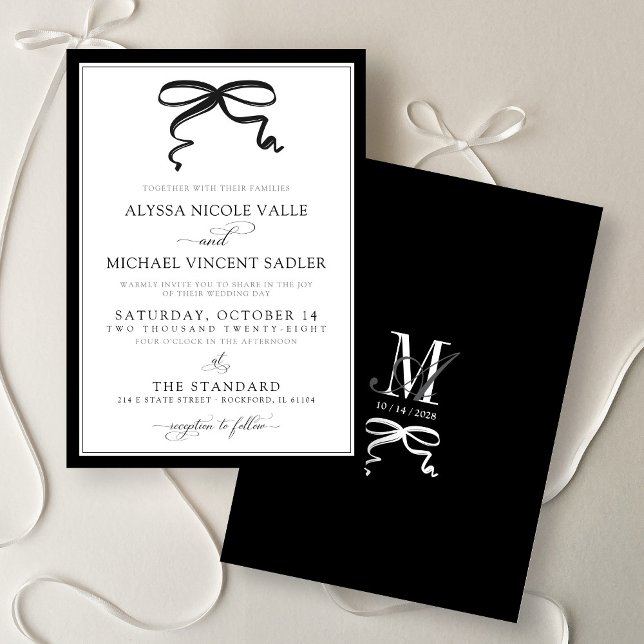 Invitation Elegant Black and White Bow Simple Modern Wedding (Elegant modern black and white bow simple calligraphy script minimalist monogram wedding invitation)