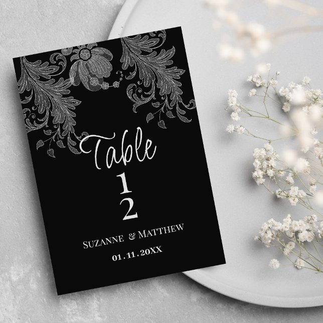 Invitation  Elegant black and white floral lace Table Numbers (Elegant black and white floral lace Table Numbers)