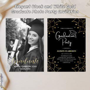 Invitation Élégant Black and White Gold Graduate Photo Party