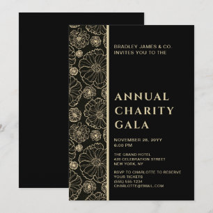 Invitation Élégant Black Botanical Charity Event Gala Party