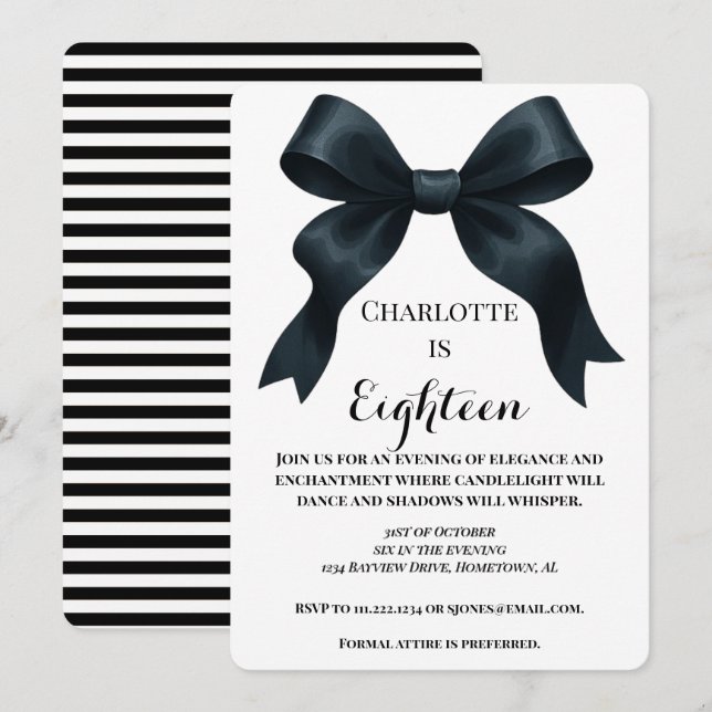 Invitation Elegant Black Bow Birthday Invite - Black Stripe (Devant / Derrière)
