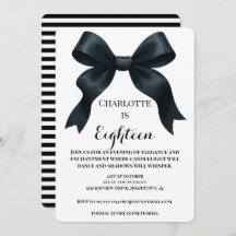 Elegant Black Bow Birthday Invite - Black Stripe