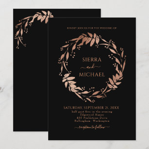 Invitation Élégant Black Chic Rose Gold Wreath Mariage