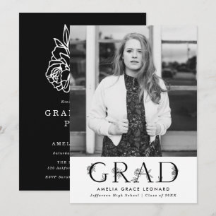 Invitation Elégant Black Floral Type Photo Graduation Party