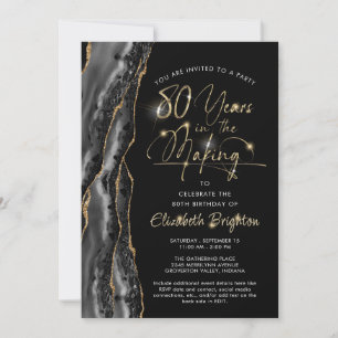 Invitation Élégant Black Gold Agate Script 80e anniversaire
