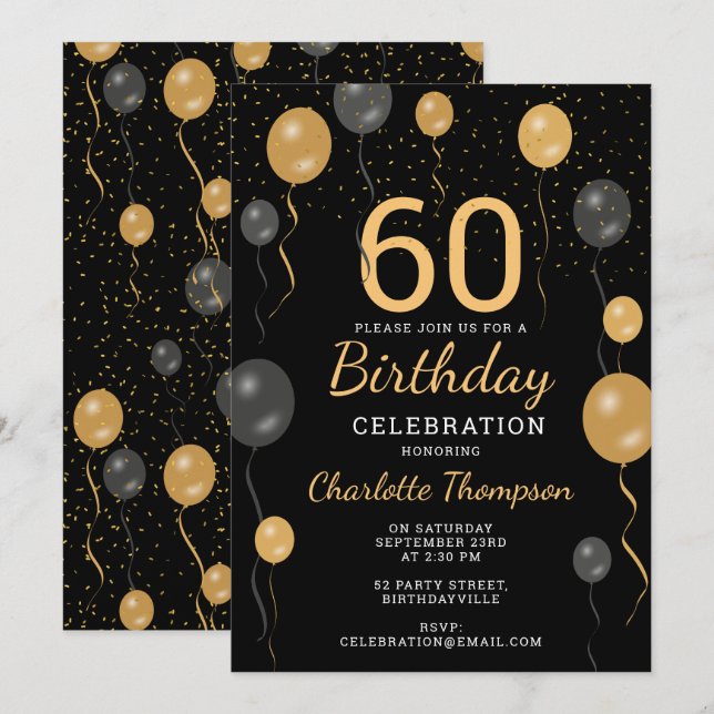 Invitation Elégant Black & Gold Balloons 60e fête d'anniversa (Devant / Derrière)