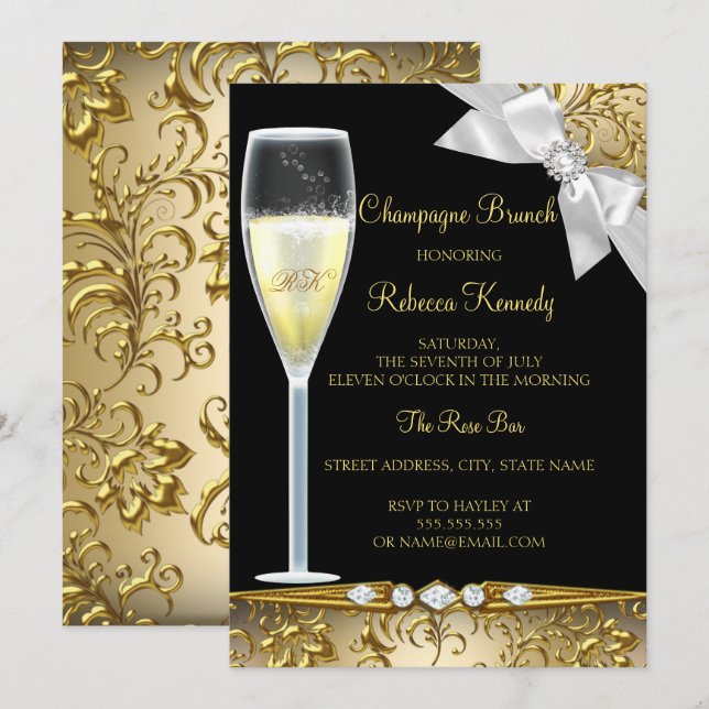 Invitation Elégant Black Gold Blanc Champagne Brunch Invitati (Devant / Derrière)